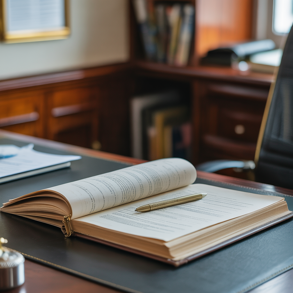 Open research volume on a desk in a wood-panelled study